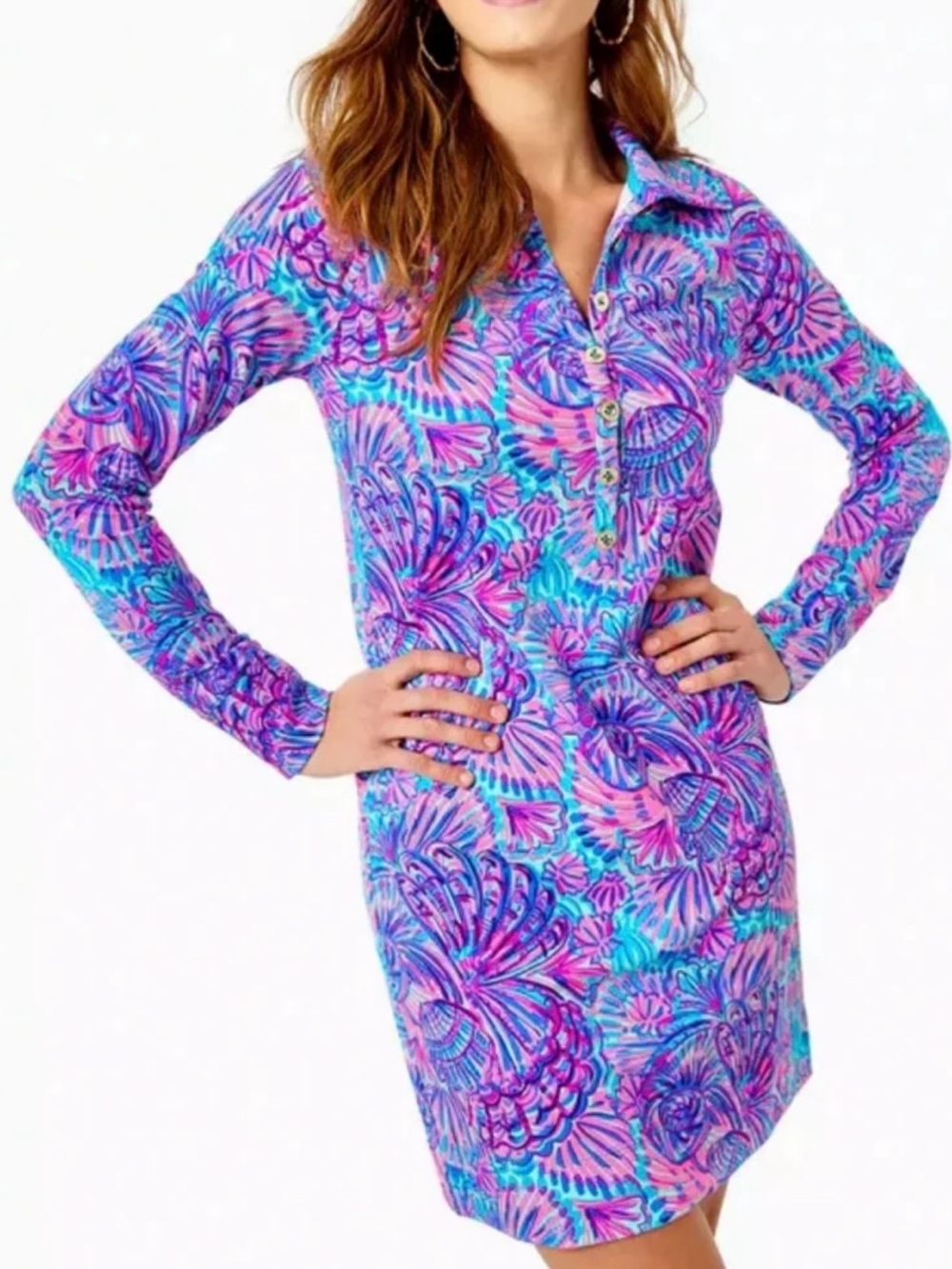 Lilly Pulitzer Ports Dress UPF 50 Turquoise Oasis Shelleidoscope Pink Size Large